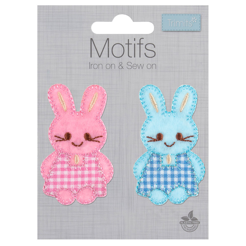 Pink & Blue Checked Bunnies Motif – Iron-On, Sew-On or Stick Patch By Trimits - Craftmania Stock Photo 1