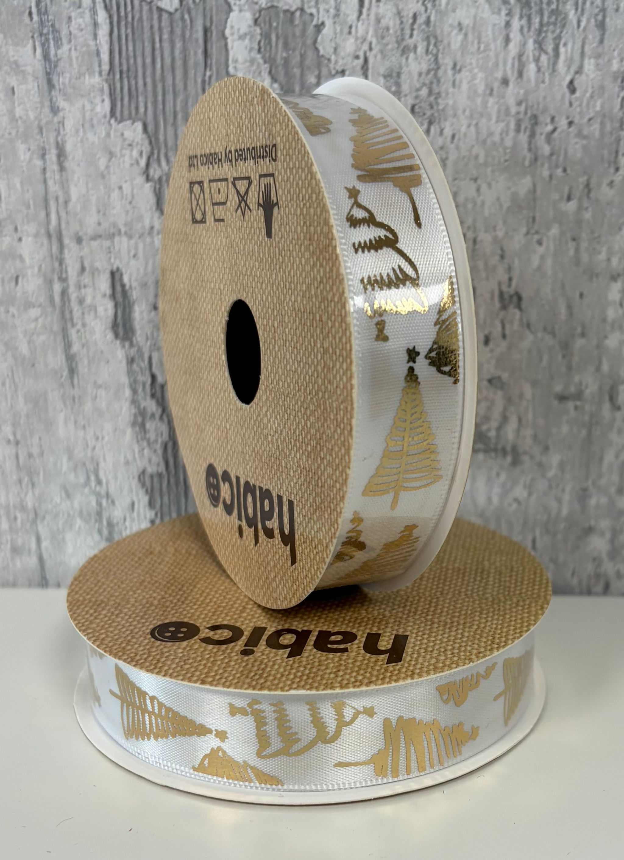 Xmas Trees (Gold & White) Ribbon – 12 x 16mm / 2m Reel - Craftmania Stock Photo 1