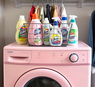 A pastel colored washing machine with various unlabeled laundry detergent and stain remova