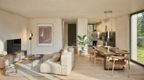 Interior de apartamento em espaço aberto com sala de estar, zona de refeições, cozinha e janelas amplas viradas para o jardim