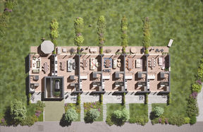 Visualização de arquitetura vista de cima, com plantas de apartamentos mobilados dispostas numa implantação residencial ajardinada