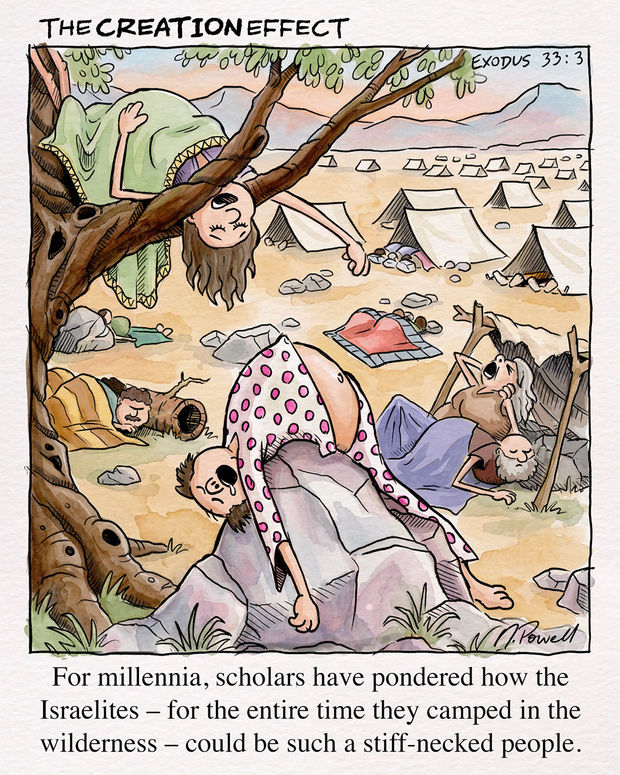 Funny comic that shows the Israelites camping in the wilderness, sleeping in very uncomfortable positions that would certainly cause a sore neck. The captions reads "For millennia, scholars have pondered how the Israelites – for the entire time they camped in the wilderness – could be such a stiff-necked people."