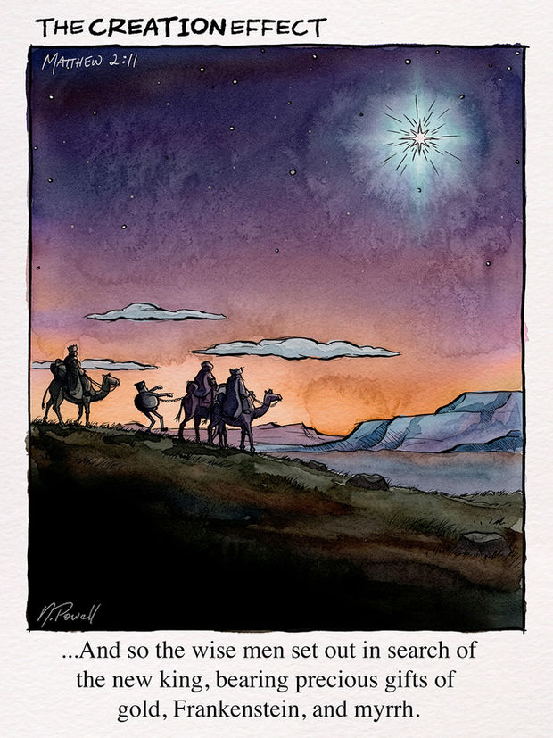 A single-panel comic strip showing a traditional painted scene of three wise men on camels following the Star of Bethlehem at night, but with one unusual detail. The caption reads “…And so the wise men set out in search of the new king, bearing precious gifts of gold, Frankenstein, and myrrh.” Chained behind one of the camels, follows Frankenstein’s monster.