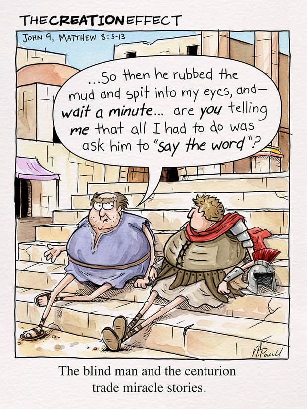 A hand-drawn single-panel comic colored in watercolor, featuring the blind man and the centurion sitting on the steps in Jerusalem as they share their miracle stories of healing from their encounters with Jesus.