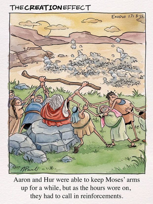 Hand drawn, single-panel comic painted in watercolor, showing a whole line of Israelites holding up each other's arms, as Aaron and Hur get tired holding up Moses' arms at the battle against the Amalekites. The caption reads: Aaron and Hur were able to keep Moses' arms up for a while, but as the hours wore on, they had to call in reinforcements."