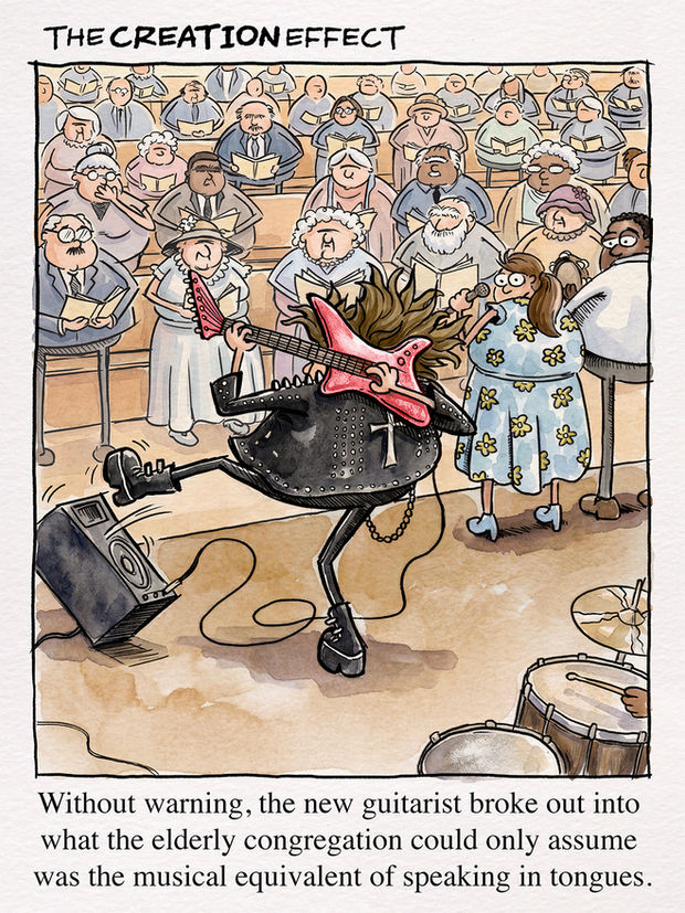 Hand-drawn single-panel comic strip featuring a church worship team playing in front of a congregation of mostly older people in pews, holding hymnals. The team’s guitar player is wearing all black leather. He’s shredding on the guitar, playing behind his head, and kicking over a speaker, while everyone else watches in non-judgmental shock. The caption reads “Without warning, the new guitarist broke out into what the elderly congregation could only assume was the musical equivalent of speaking in tongues.