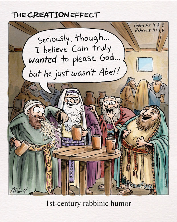 Web comic showing a group of rabbis in a 1st-century pub. One rabbi tells a Cain and Abel joke, and the other rabbis find it hilarious. The caption reads "1st-century rabbinic humor".