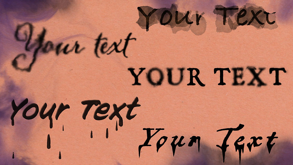 Five different ink bleed typography styles showing "Your Text" variations on tan textured paper.