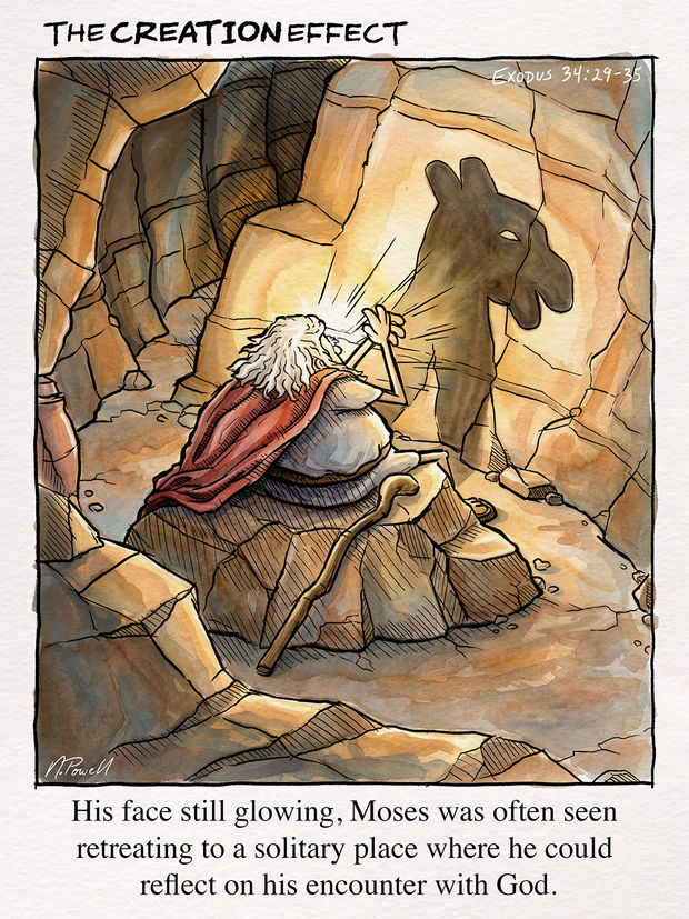 A single-panel comic strip featuring Moses, alone in a cave or canyon, sitting on a rock and making a shadow puppet of a camel on the rock wall. The caption reads “His face still glowing, Moses was often seen retreating to a solitary place where he could reflect on his encounter with God.”