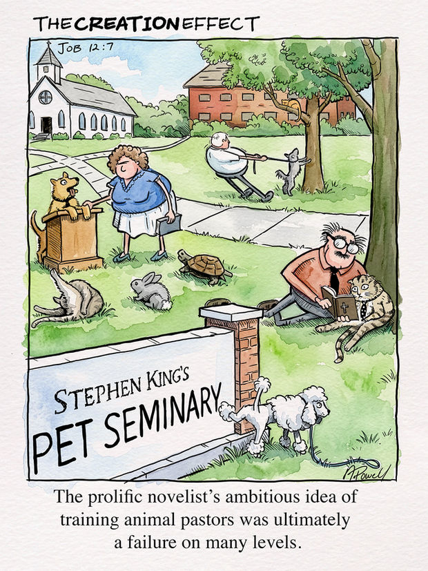 Hand-drawn single panel comic strip showing a typical day on the campus of "Stephen King's Pet Seminary", where animals are trained (unsuccessfully) to be pastors.