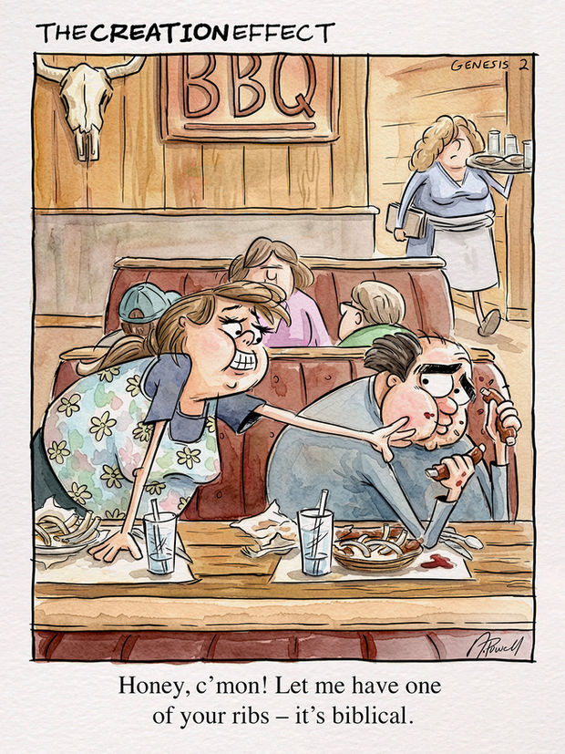 Hand-drawn single-panel comic strip from The Creation Effect featuring a woman trying to steal her husbands ribs at a BBQ restaurant. The caption reads “Honey, c’mon! Let me have one of your ribs – it’s biblical.“