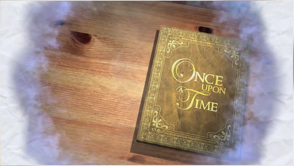 An ink reveal effect revealing a vintage storybook titled "Once Upon A Time" resting on a wooden table with faded watercolor borders.