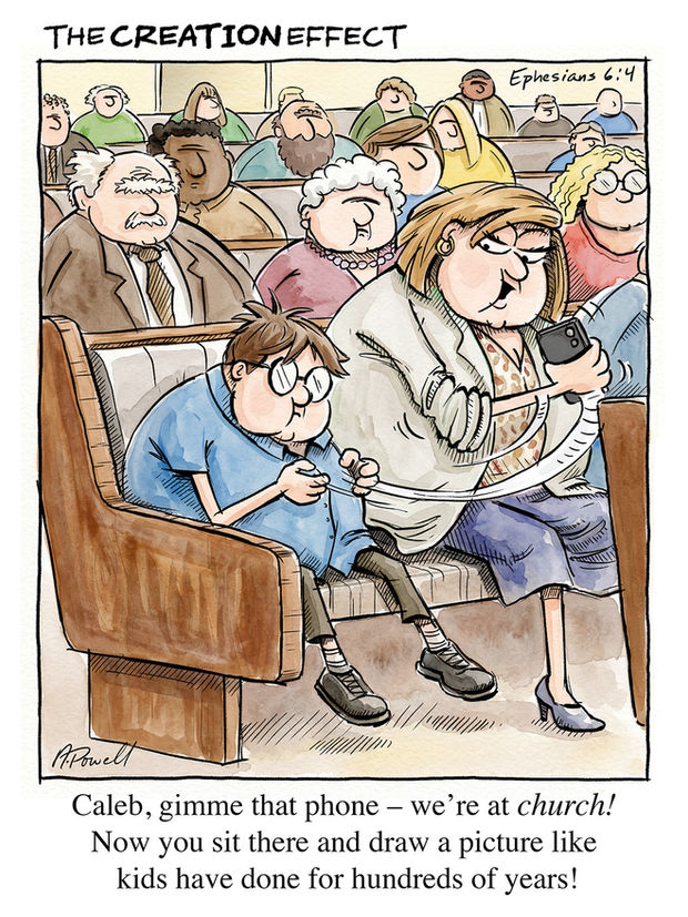 A single-panel comic strip showing a little boy and his mom sitting in the pews at church during a sermon, surrounded by other church-goers. The mom angrily swipes a phone from the boy’s hands, which are left suspended in texting position. The caption reads, “Caleb, gimme that phone – we’re at church! Now you sit there and draw a picture like kids have done for hundreds of years!”
