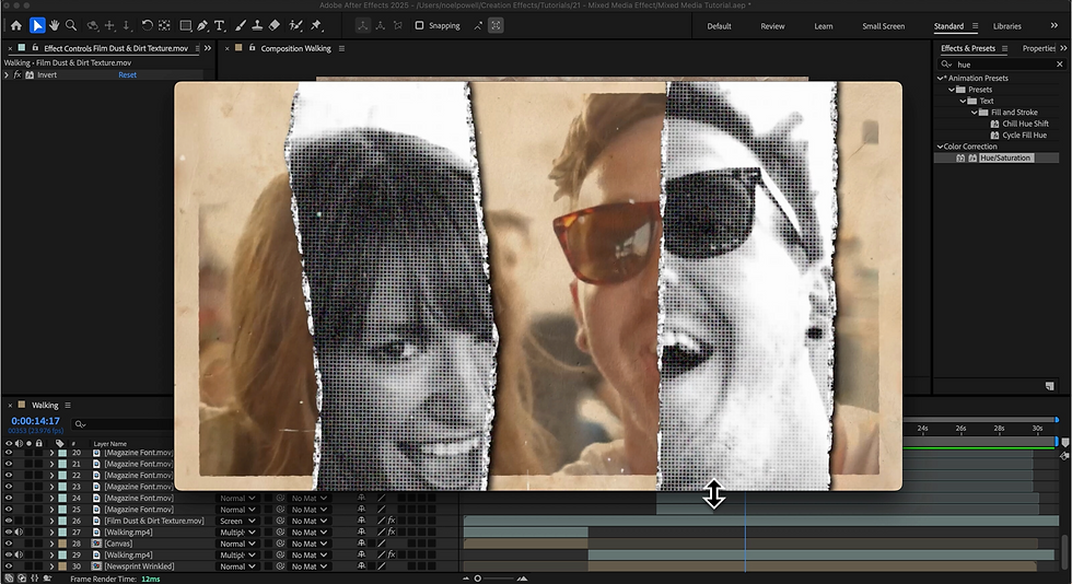 Newspaper halftone effect applied to footage, with a torn paper edge, entirely made in After Effects.