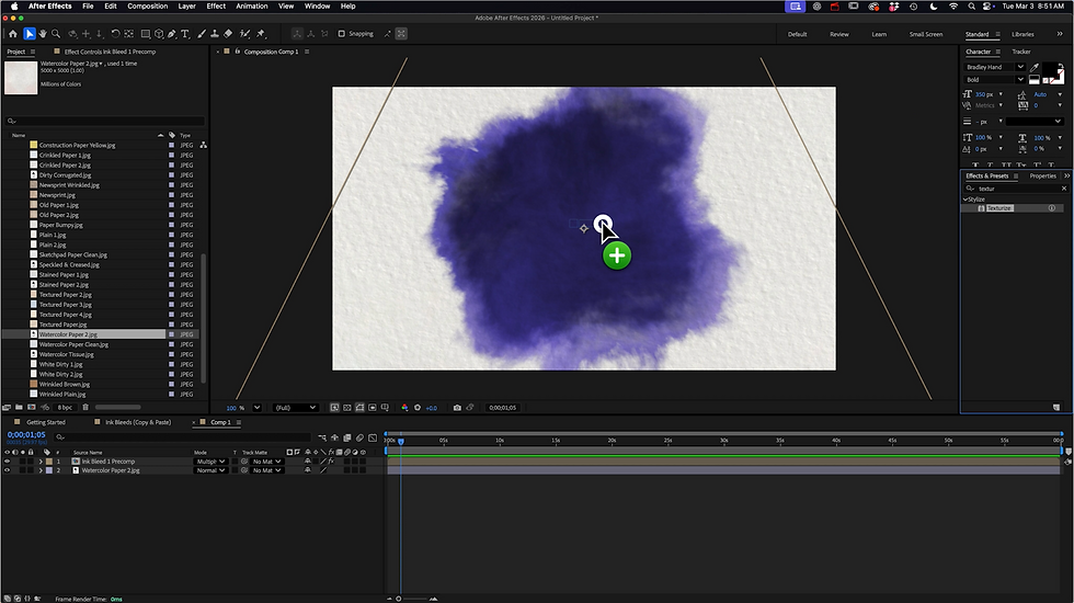 Adobe After Effects workspace interface showing a purple watercolor bleeding ink asset on a watercolor canvas texture.