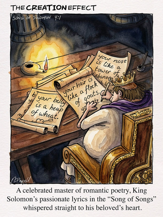 A single-panel comic strip featuring King Solomon from the bible, writing lines of poetry at his desk by candlelight. The caption reads “A celebrated master of romantic poetry, King Solomon’s passionate lyrics in the “Song of Songs” whispered straight to his beloved’s heart.” On the papers on his desk we see the lines “Your hair is like a flock of goats”, “Your belly is a heap of wheat”, and “Your nose is like a tower of Lebanon”. 