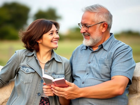 A joyful couple shares a moment of connection while reading outdoors on a pleasant day.