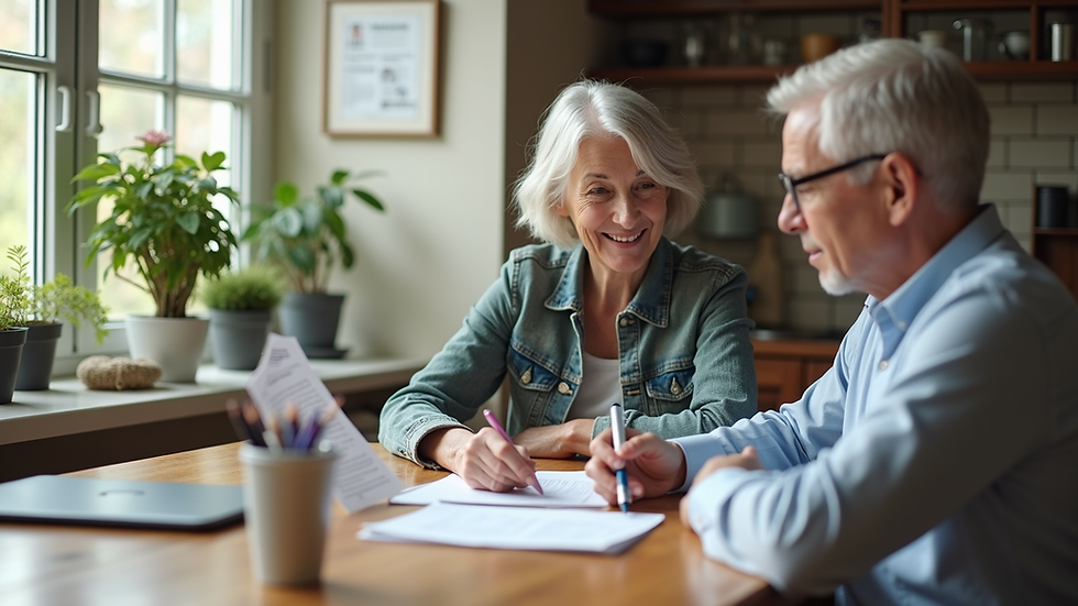 Eye-level view of a senior couple reviewing insurance documents at a kitchen table