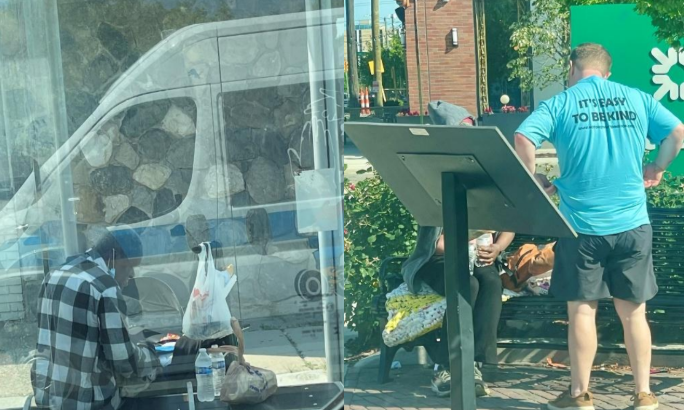 A homeless man who sleeps regularly in a bus stop savoring his hot meal provided by the Motor City Mitten Mission (Left). One of our MCMM Outreach specialists engaging with a homeless female who has been sleeping on a bench for weeks (Right).