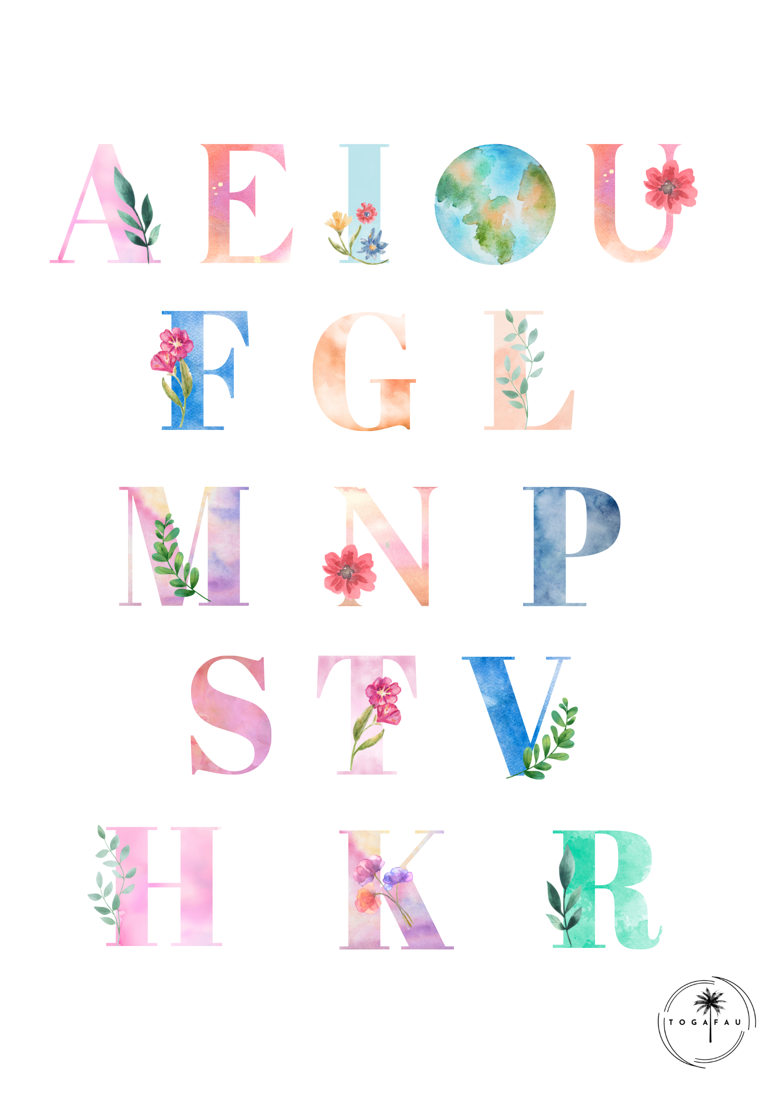 Watercolor Samoan alphabet letters with floral designs