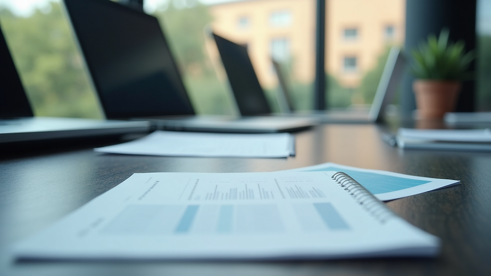 Close-up view of a conference room with AI strategy documents and laptops