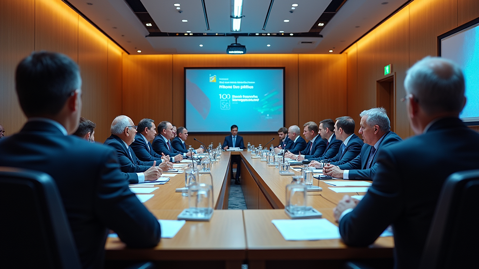 High angle view of a conference room with international delegates discussing AI policies