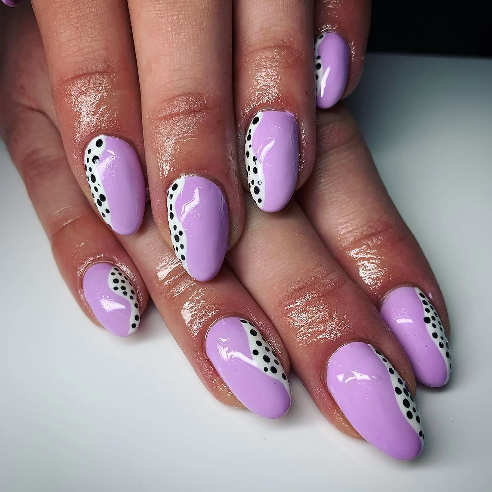 Purple abstract lilac nail design on medium length acrylic nails by BEAUTY.mon in Stokes Croft Bristol