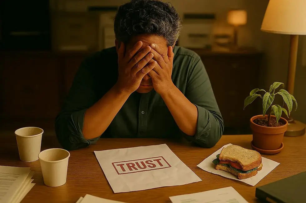 Homme désemparé devant la déclaration fiscale de son trust