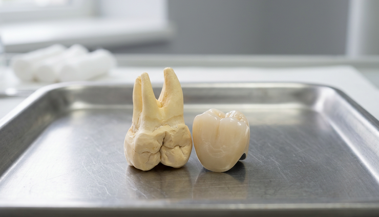 Close-up view of a dental crown placed beside a natural tooth model