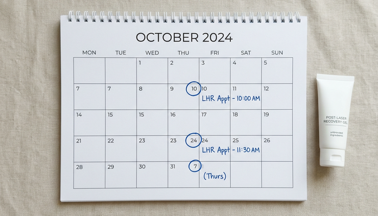 Overhead view of a calendar with marked laser hair removal appointments.
