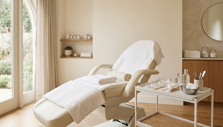 Eye-level view of a calm skincare treatment room prepared for acne scar consultation