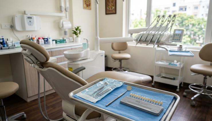 Eye-level view of a clean dental chair prepared for a teeth whitening consultation