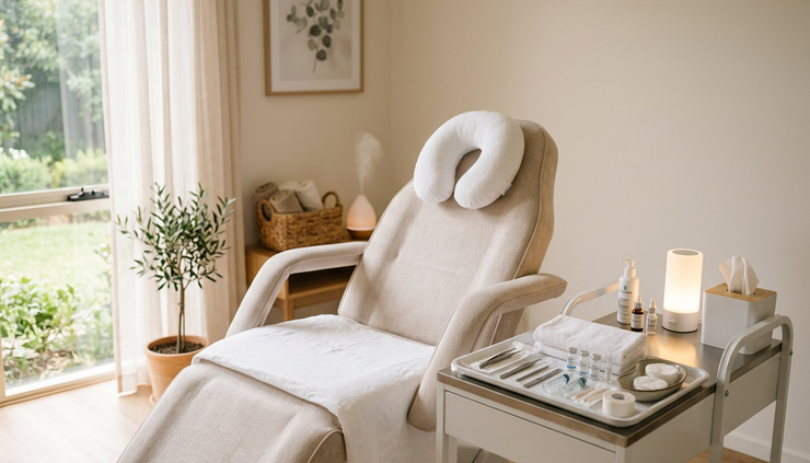 Eye-level view of a calm treatment room prepared for facial aesthetic care