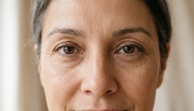 Close-up view of calm eyes with natural under-eye texture