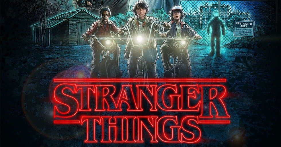Three kids on bikes ride toward the viewer, with eerie blue light and a "Restricted Area" sign in the background. "Stranger Things" in red neon.