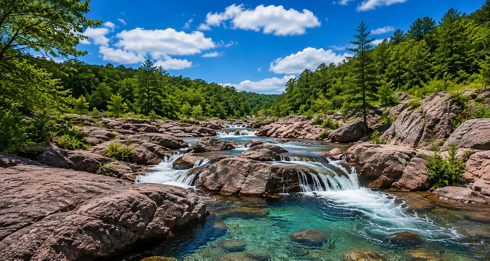 Rocky river with clear water and green forest.