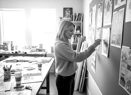 Firefly_Playful lifestyle portrait of a graphic designer pinning work to a wall, slight sm