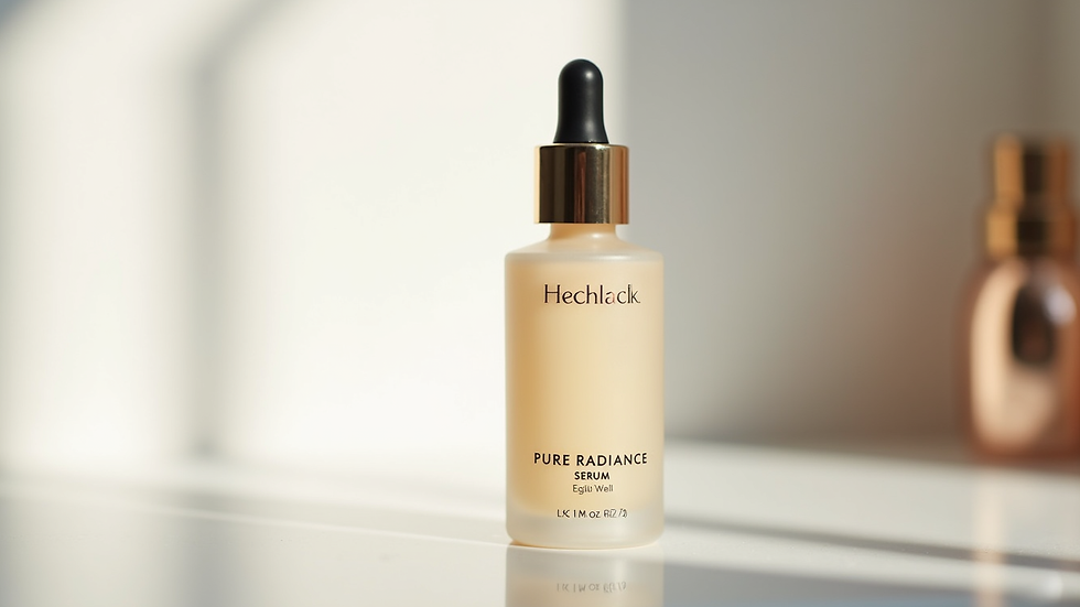 Eye-level view of Pure Radiance Serum bottle on a clean surface