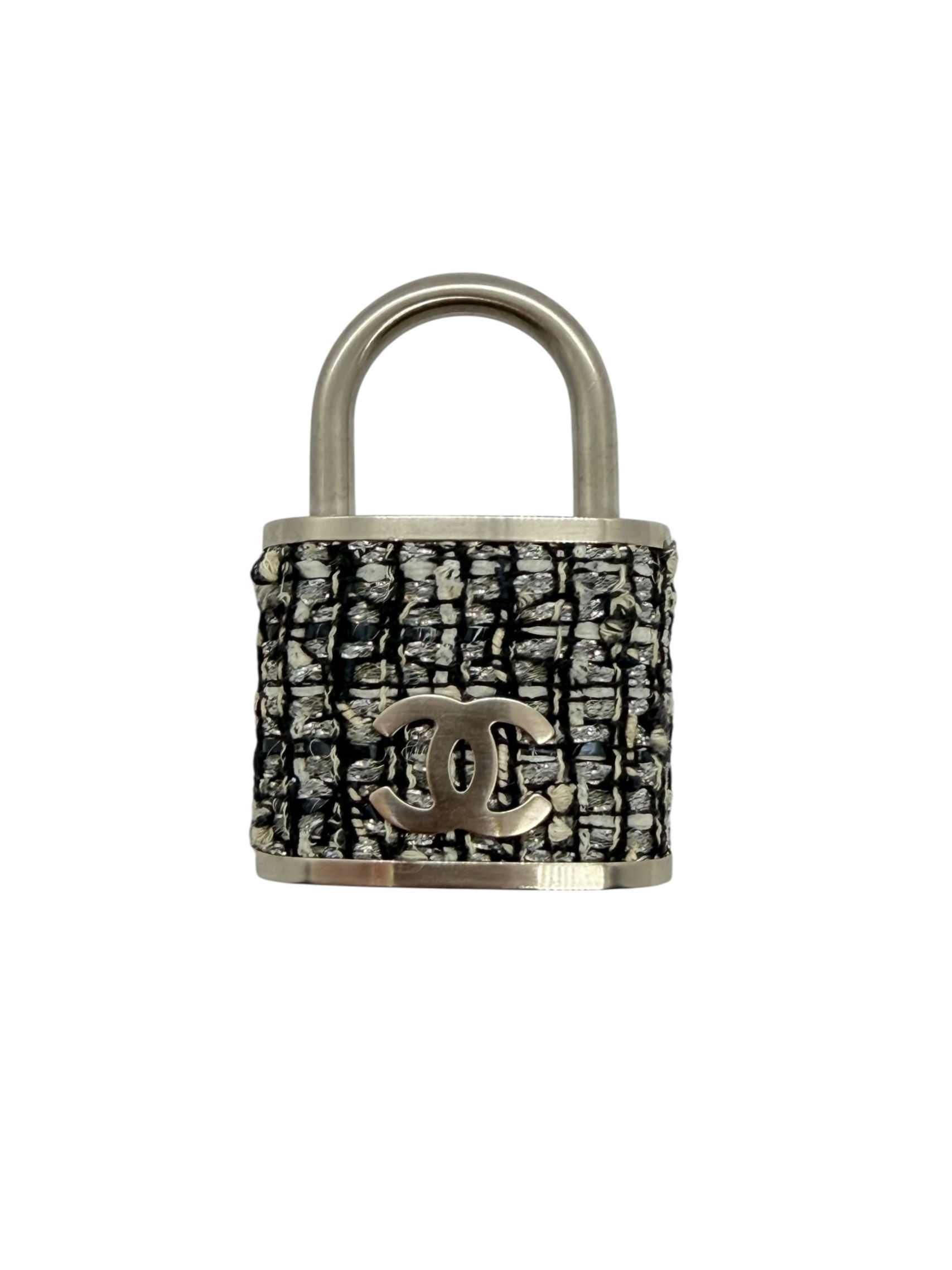 Chanel Oversized Padlock Brooch Black Tweed