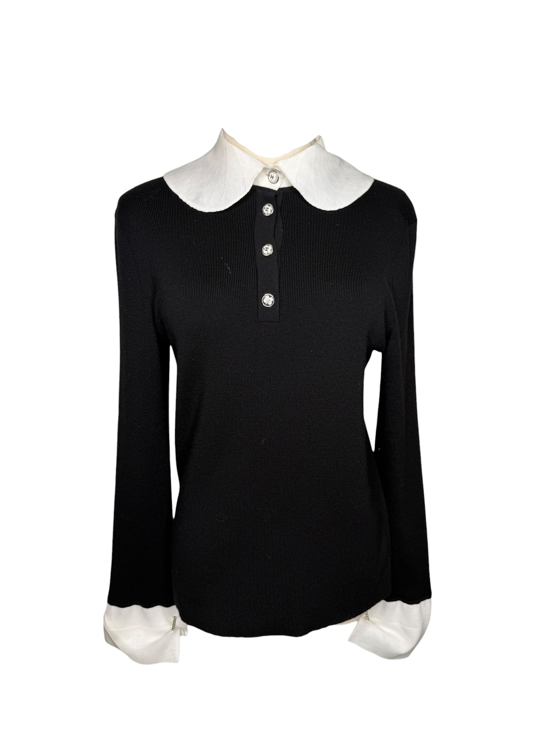 Chanel Black/White Collared Knit with Clover Buttons