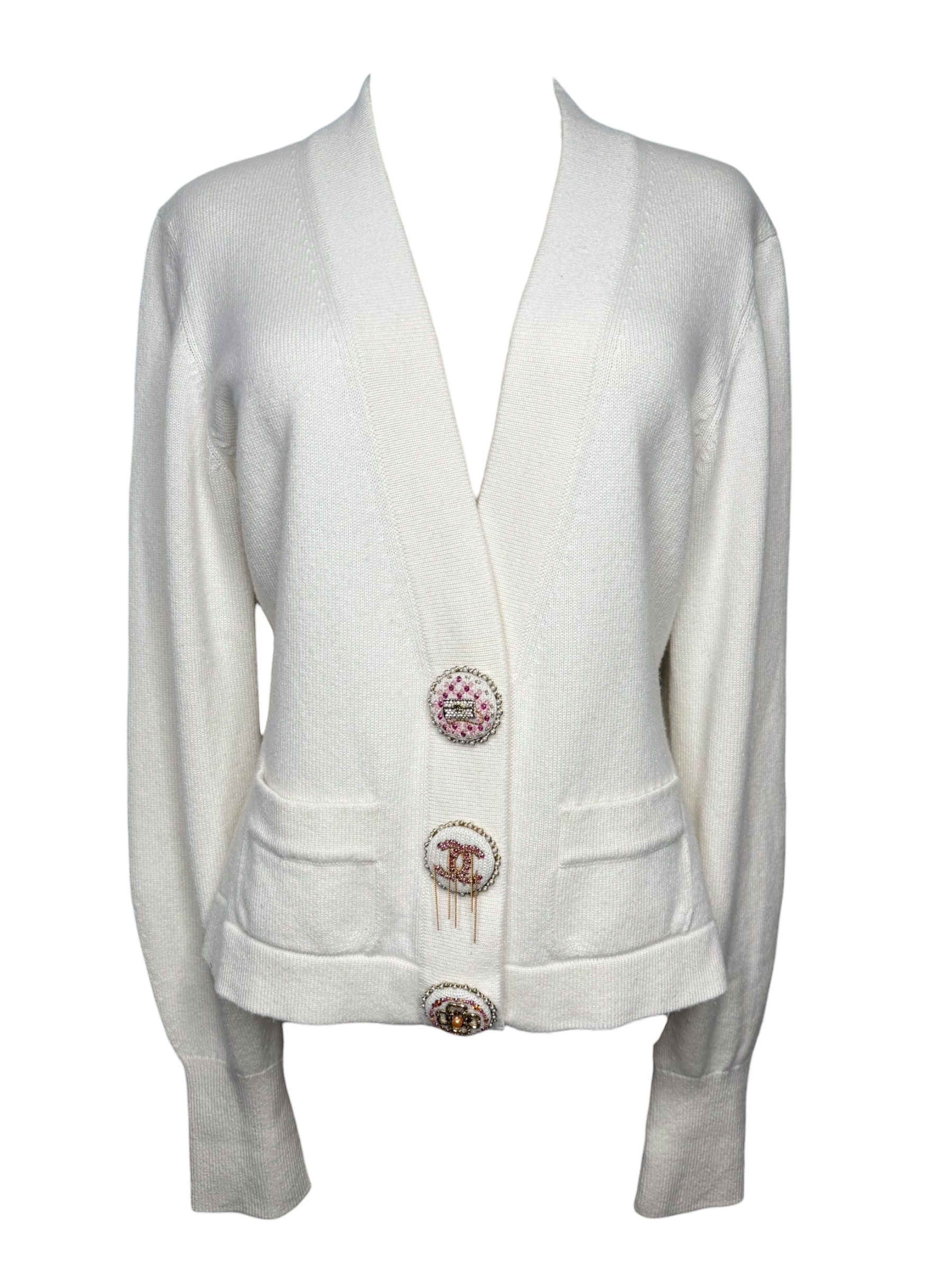 Chanel 22A Metiers D'Arts Cream Cardigan with XL Icon Buttons