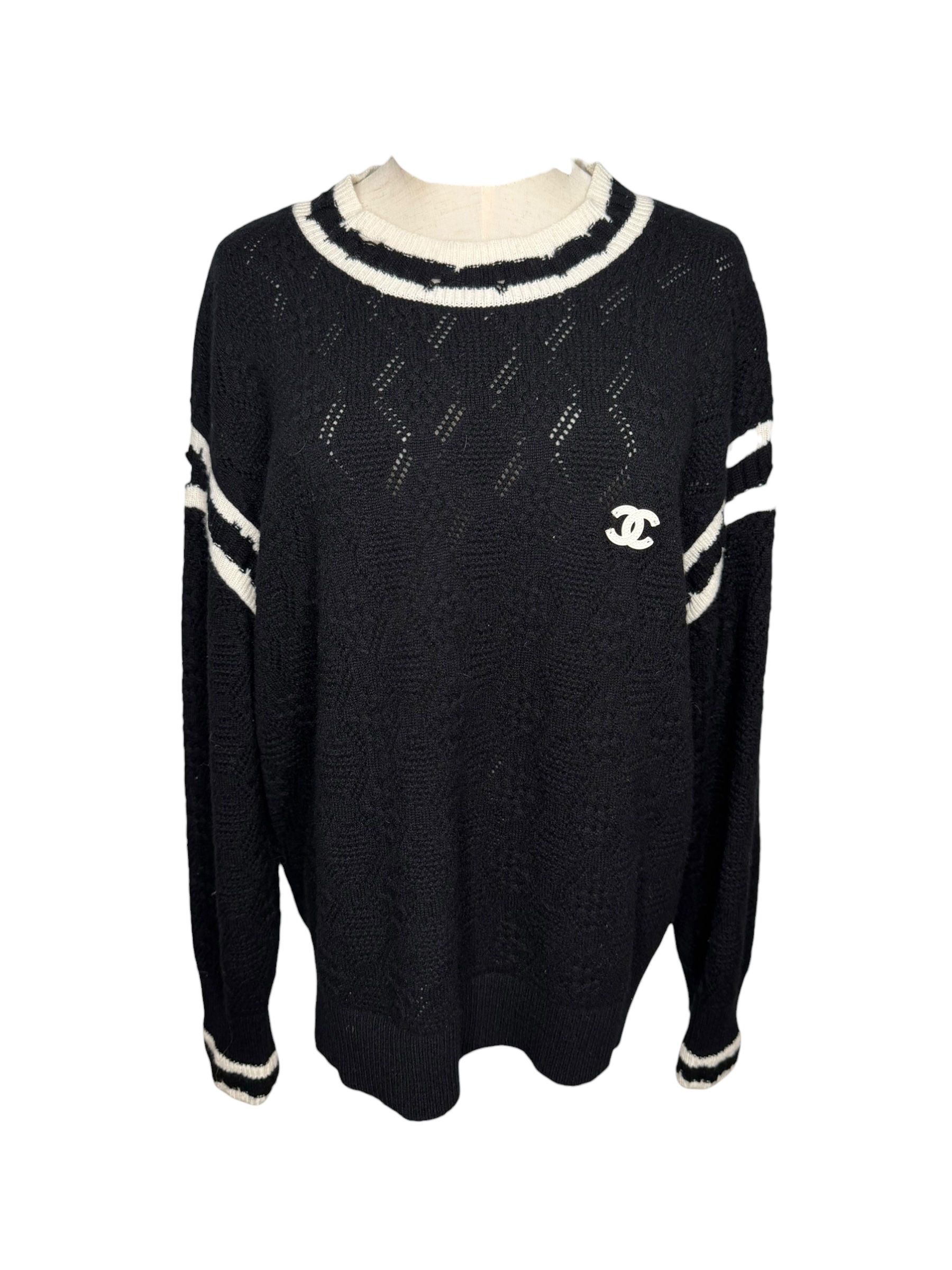 Chanel Cashmere Black White Distressed Logo Sweater