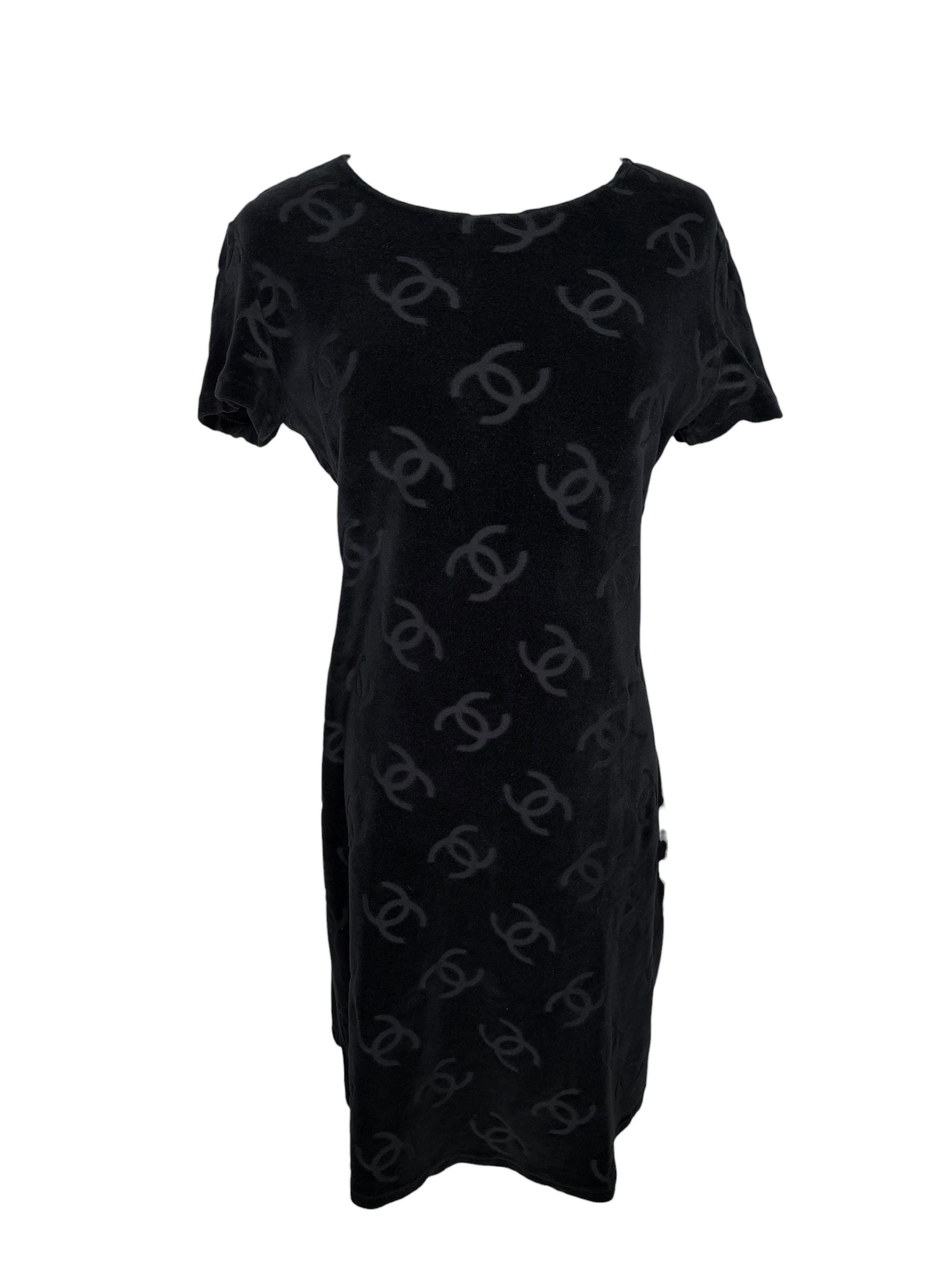 Vintage Chanel 1996 Runway Black Velour Logomania Dress