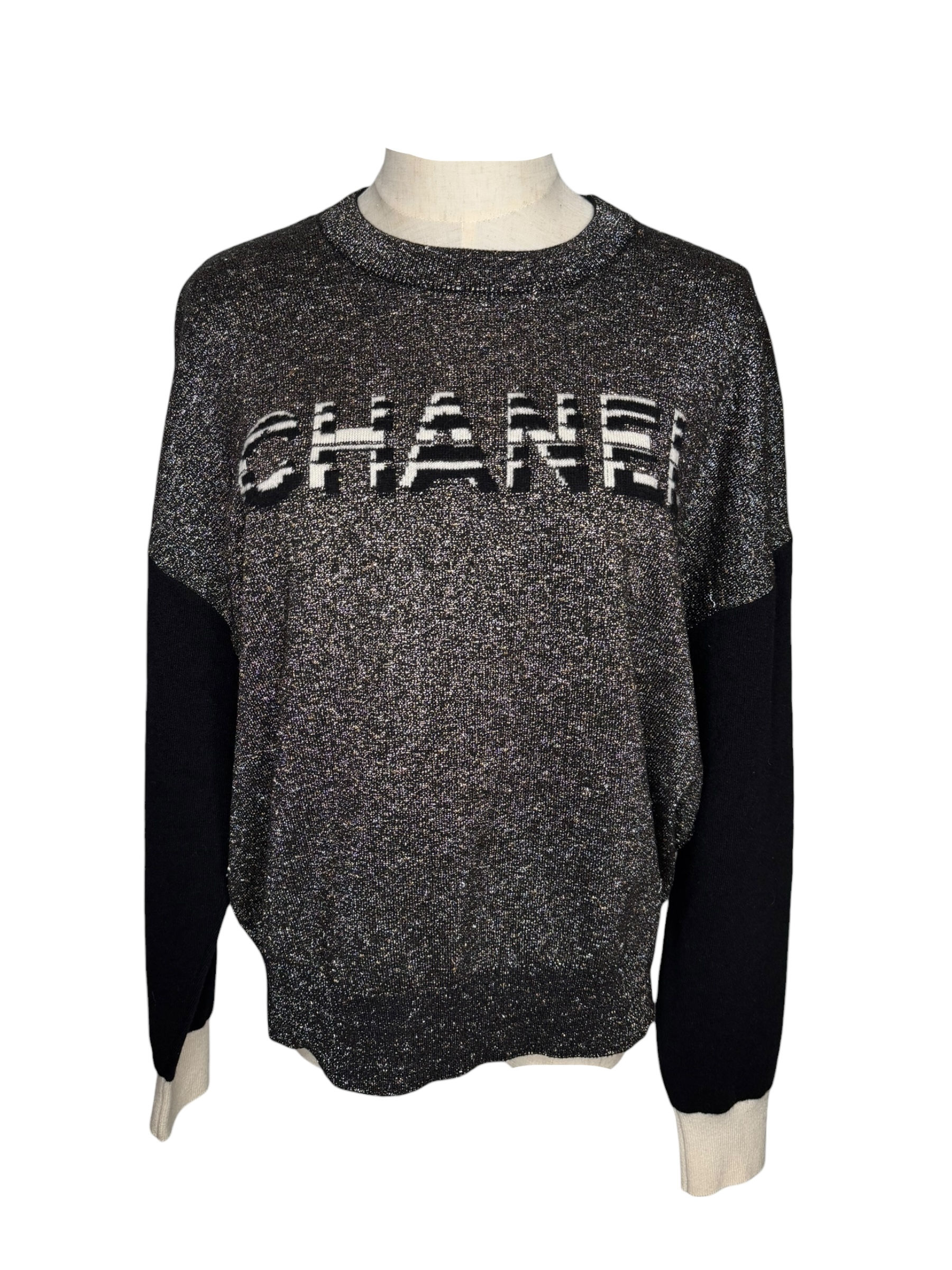 Chanel Grey Metallic Logo Sweater