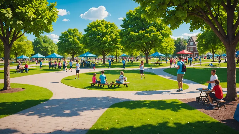 Eye-level view of a vibrant community park with families enjoying outdoor activities