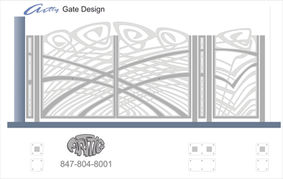 Modern driveway gate with abstract, artistic cut-out patterns.