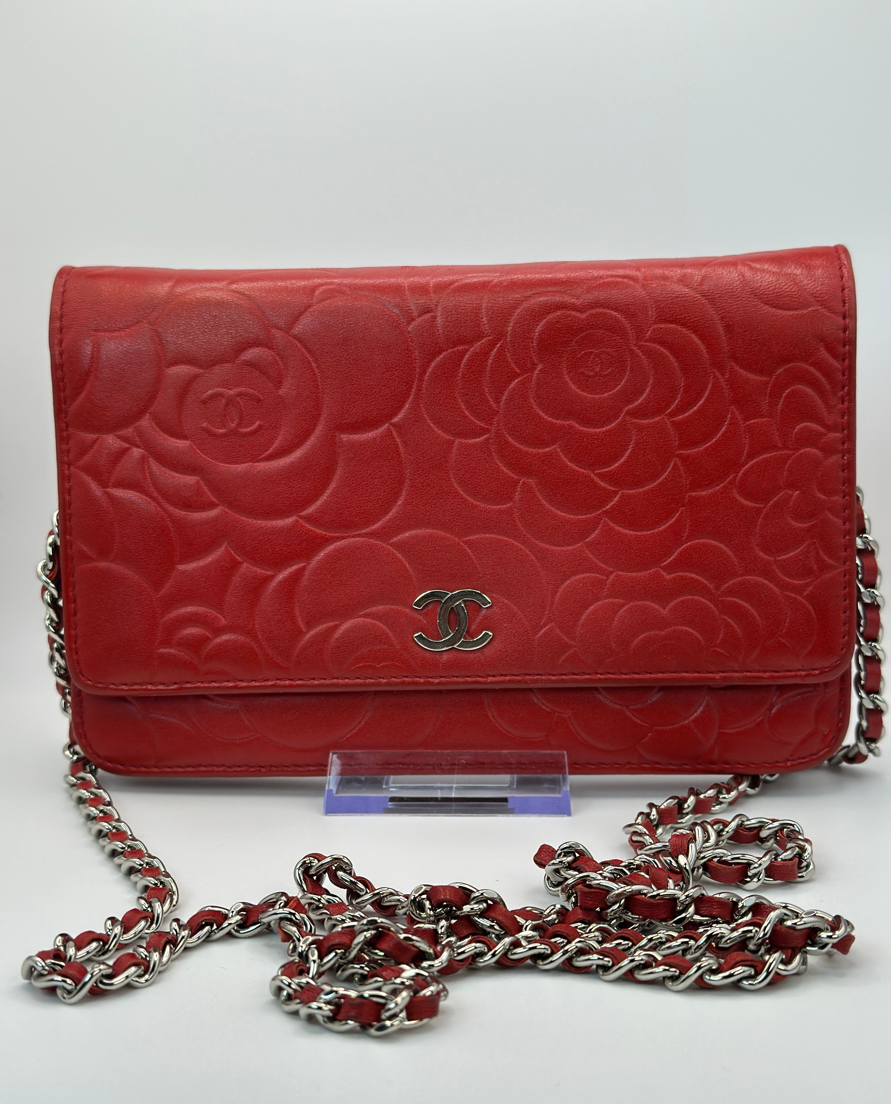 Chanel Camellia Embossed Wallet on Chain (WOC) – Red Lambskin