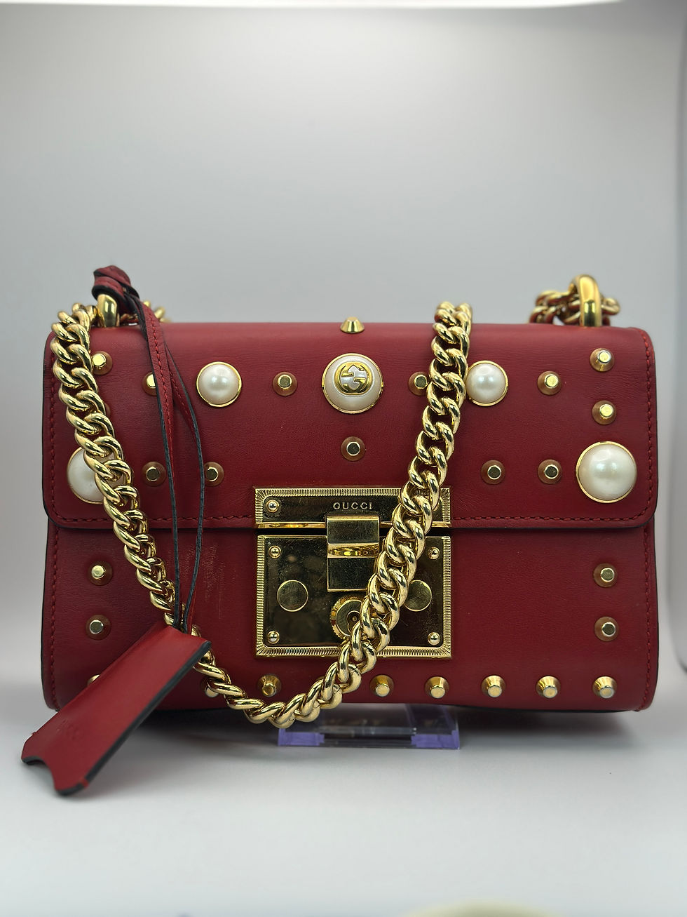 Gucci Padlock Studded Shoulder Bag – Red Leather with Pearl & Gold Details