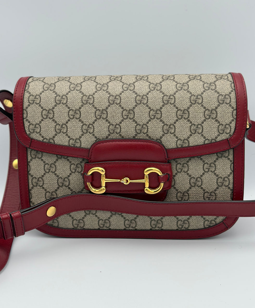 Gucci Horsebit 1955 GG Supreme Canvas Shoulder Bag with Red Leather Trim