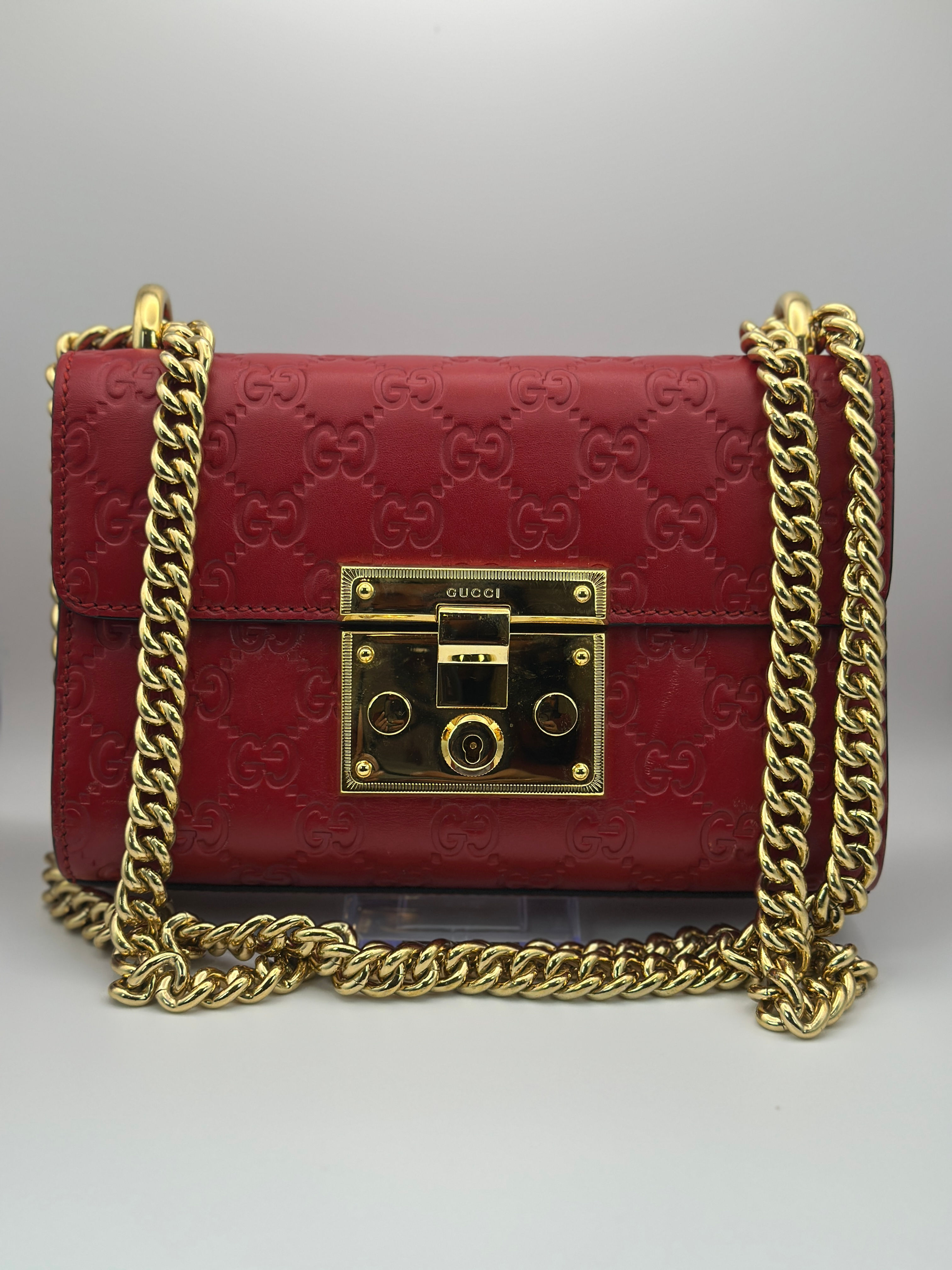 Gucci Padlock Shoulder Bag – Red GG Embossed Leather with Gold Chain